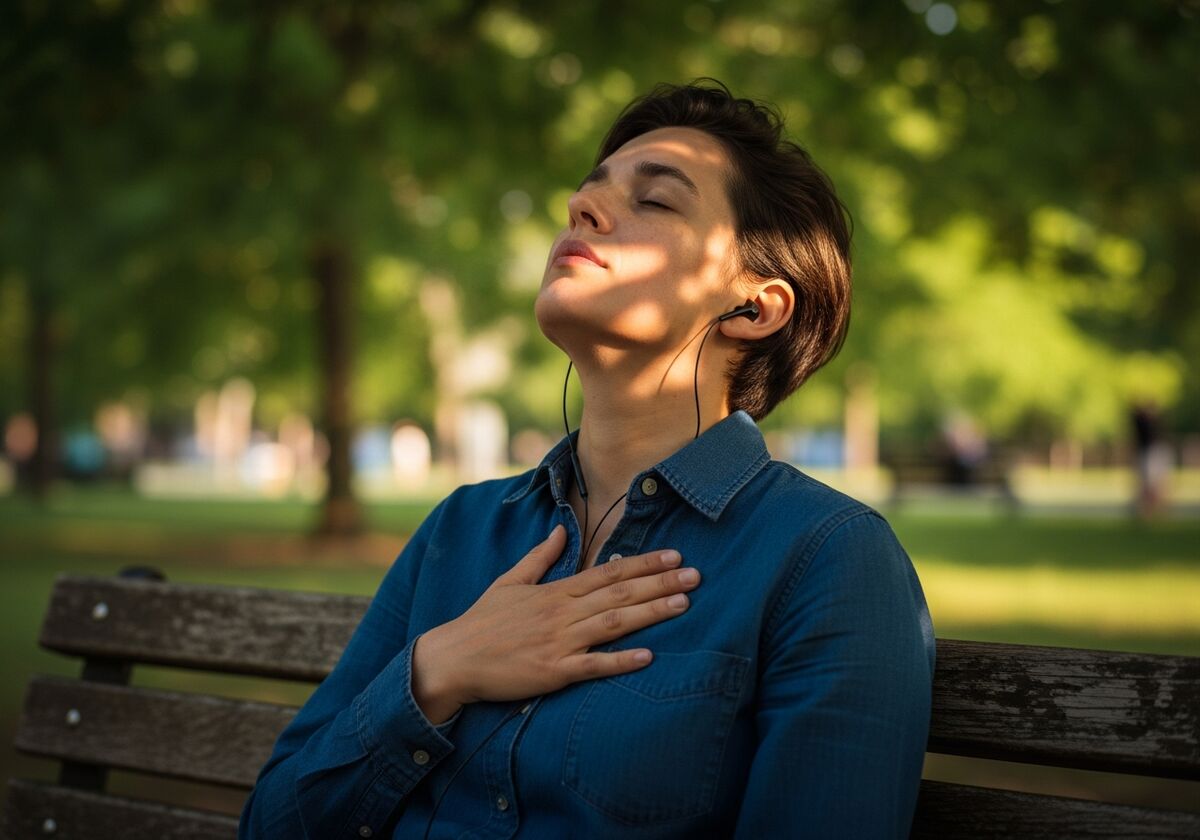 Person calmly breathing outdoors using an Emergency Pod