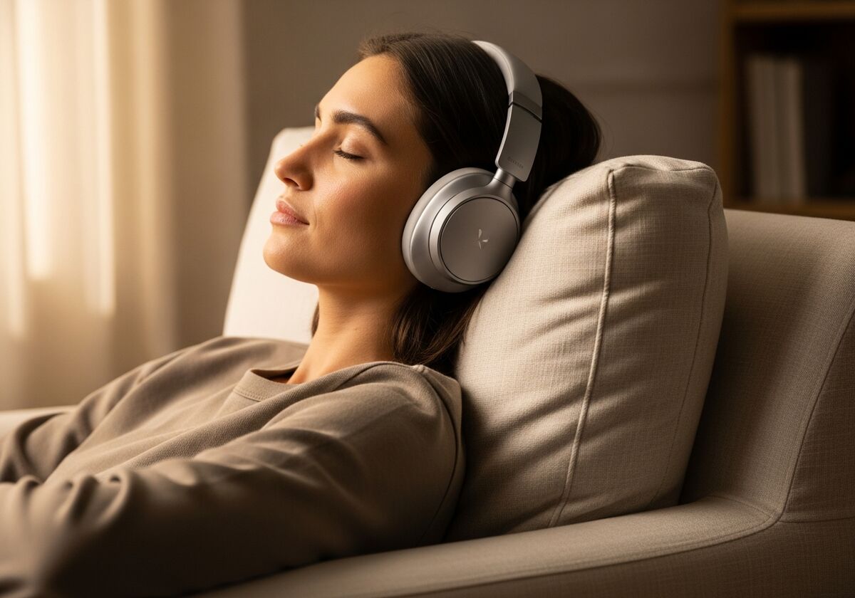 Person relaxing with headphones, listening to the Learning Pods